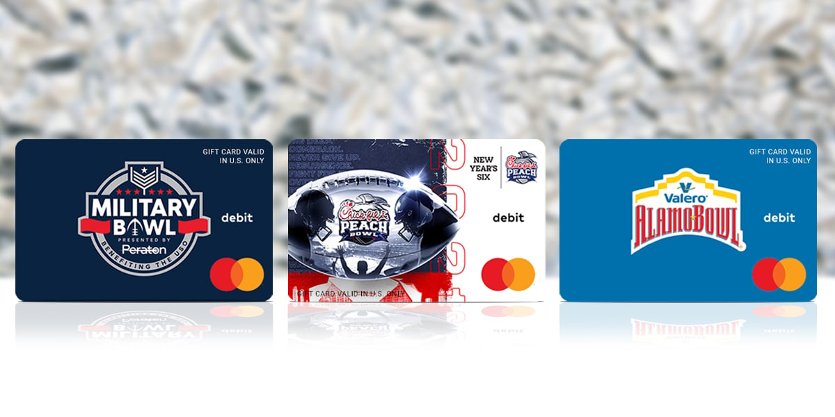 Custom Fancard Mastercard Gift Cards for the (from L to R) MIlitary Bowl, Peach Bowl, and Alamo Bowl